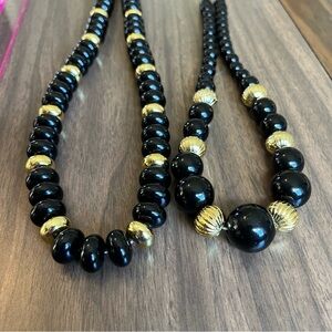 Retro Vintage 1970s 1980s Costume Jewelry Black Onyx Gold Tone Beads